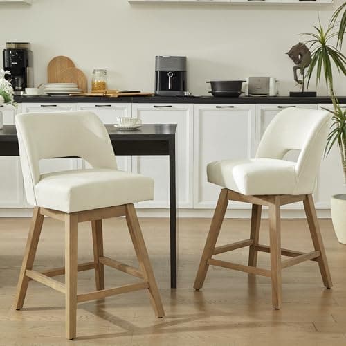 VKNOW 27" Swivel Bar Stools Set of 2, Upholstered Counter Height Bar Stools with Backrest and Rubberwood Legs, Fabric Barstools for Kitchen Island, Breakfast Bar, Living Room, Dining Room, Beige