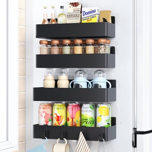 Mystozer Magnetic Spice Rack for Refrigerator, Kitchen Organizer and Storage Shelf, Black (4 Pack)…