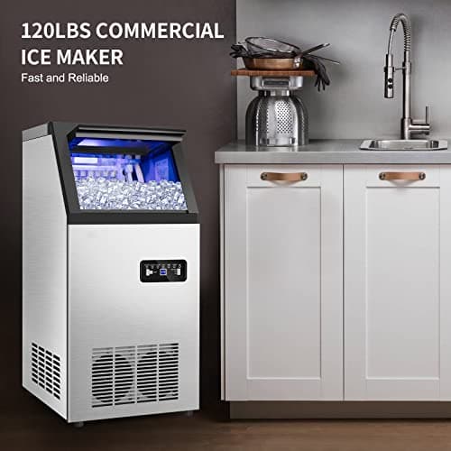 Commercial Ice Maker Machine 120Lbs/24H with 35Lbs Ice Capacity, 45Pcs Clear Ice Cubes Ready in 11-20Mins, Stainless Steel Under Counter Freestanding Large Ice Machine, 2 Water Inlet Modes 8