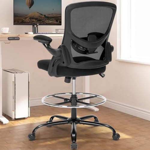 Drafting Chair, Ergonomic Standing Desk Chair with Flip-up Armrests, Tall Office Chair for Standing Desk, Counter Height Office Chairs with Footrest and Adjustable Lumbar Support