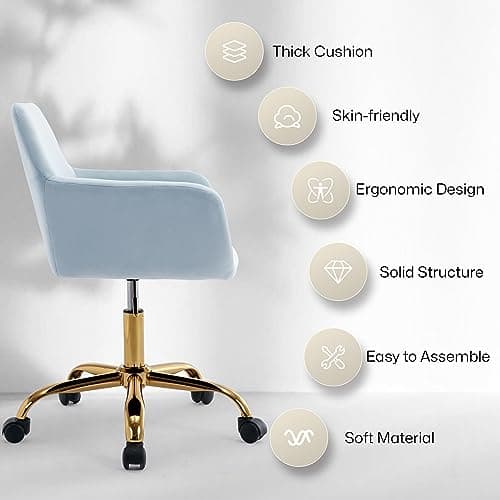 Homedraft Faux Fur 360°Swivel Desk Chair, Modern Height Adjustable Home Office Armchair with Golden Base for Teens Women Girls, Upholstery Computer Chair, Velvet & Light Blue 7
