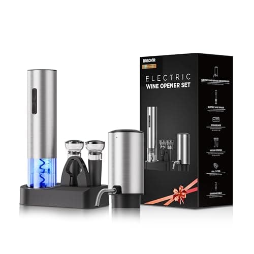 BABONIR 7-in-1 Electric Wine Opener Gift Set, Stainless Steel Automatic Corkscrew with Automatic Aerator Pourer, 2 Vacuum Stoppers, Foil Cutter, Storage Base Rechargeable Corkscrew Kit for Wine Lovers 9