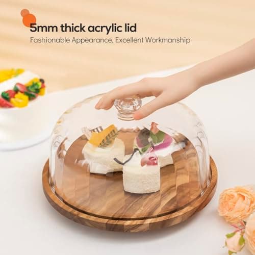 cutesun Cake Stand with Lid, Rotating Cake Stand with Lid & Dome, 11.8'' Acacia Wood Shatterproof 10.4'' Acrylic Cake Display Stand for Wedding, Birthday, Parties 5