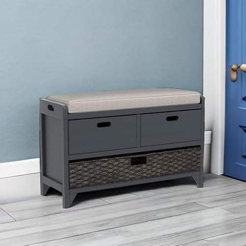 SOFTSEA Upholstered Storage Bench for Entryway, Wood Storage Ottoman with Removable Basket and 2 Drawers, Farmhouse Shoe Bench with Seat Cushion for Entryway, Living Room, Full Assembled, Navy 5
