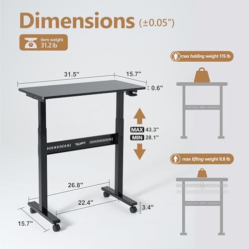 YILIFT Non-Electric Auto-Lifting Standing Desk, No Knobs or Crank, Cordless, Rolling and Mobile, Great for Walking Pad, Adjustable Height 28.1'' to 43.3'', Desktop Size 31.5'' by 15.7'', Color Black 2
