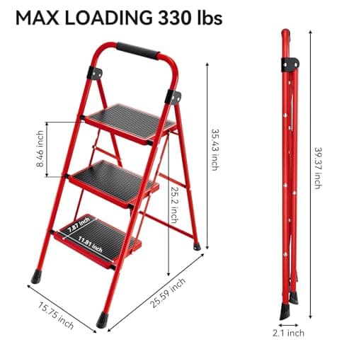 KINGRACK Step Ladder, 3 Step Ladder with with Anti-Slip and Wide Pedal,Portable Foldable Step Stool with Handgrip,Tall Sturdy Step Ladder for Home Kitchen Household,Red 6