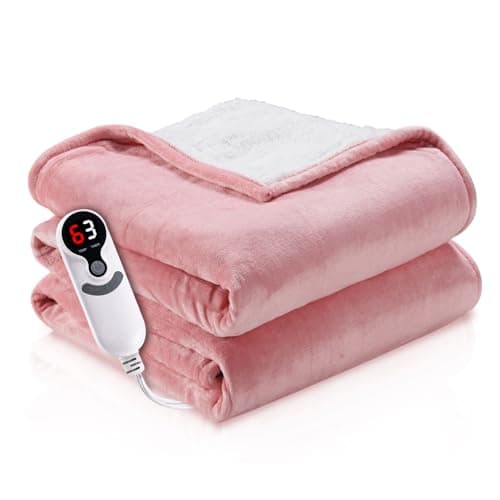 RALYSUN Electric Heated Blanket Throw,50" x 60"Thickened Flannel and Sherpa with 3 Hours Auto-Off & 6 Heating Levels,Home Office Use-Pink