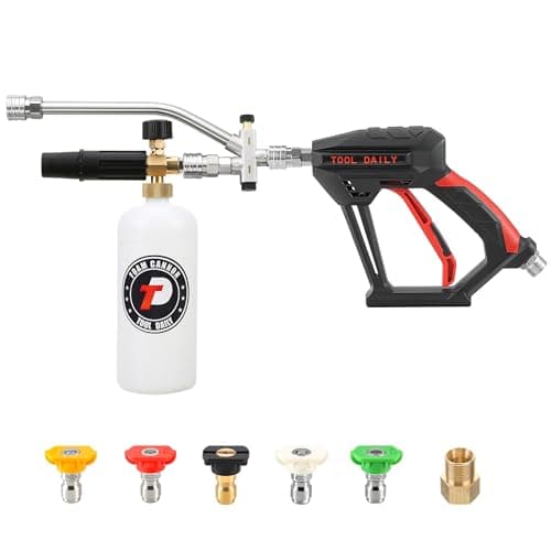 Tool Daily Short Pressure Washer Gun with Foam Cannon, Dual Connector Accessory, 1/4 Inch Quick Connect, 5 Spray Nozzle Tips, 1 Liter