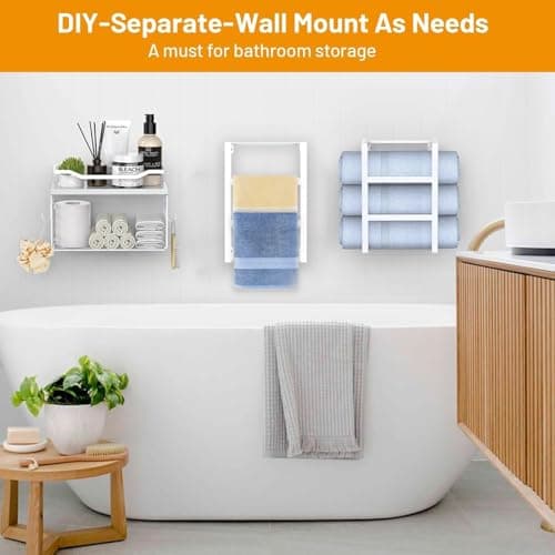 Towel Racks for Bathroom Wall Mounted, 4 tire Bath Towel Storage - with 2 Pack Towel Shelf and Floating Shelves Over Toilet, Rolled Towel Holder Shelf Organizer, Sturdy Metal & Wood, 34inch, White 7