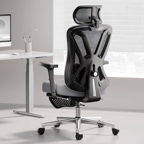 Hbada Office Chair, Desk Chair with Adjustable Lumbar Support and Height, Comfortable Mesh Computer Chair with Footrest 2D Headrest, Swivel Tilt Function Grey