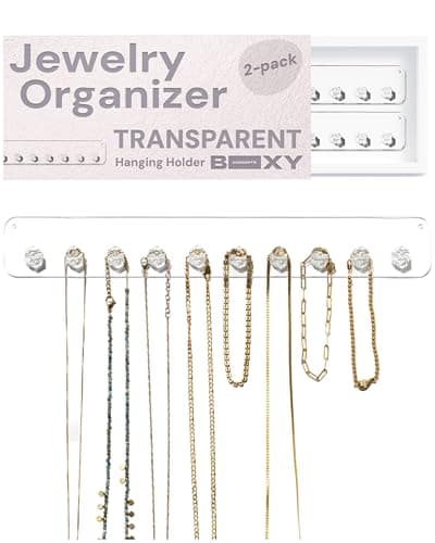 Boxy Concepts Wall-Mount Necklace Organizer - 2-Pack 10.5 x 1.5 in Clear - 10 Diamond Hooks Create Wall Jewelry Rack - Jewelry Organizer for Women & Key Storage