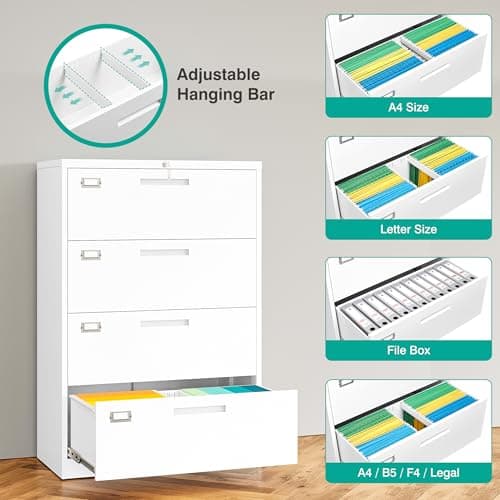 4 Drawer Lateral File Cabinet with Lock,White Lateral Filing Cabinet,Horizontal Metal Filing Cabinet,Locked Wide Four Drawer File Cabinet for Office Home,Fit A4/F4/Letter/Legal File,-Assembly Required 6