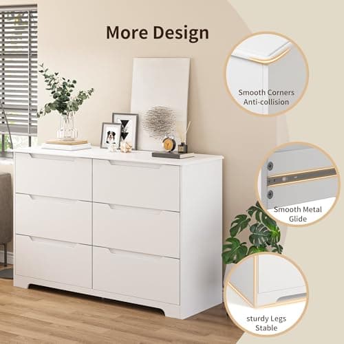 Gizoon 6 Drawer Double Dresser for Bedroom with Anti-Tip Design, Modern Wide Wooden Chest of Drawers with Cut-Out Handles, Closet Storage Organizer and TV Stand for Living Room, Hallway, Entryway 5