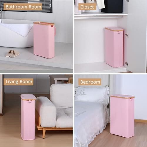 iEGrow 65L Slim Laundry Hamper, Narrow Laundry Basket with Lid,Foldable Clothes Hamper with Bamboo Handles,Hamper Basket with Removable Inner Bag for Laundry Room Bedroom College Dorm,17.17 Gals Pink 7
