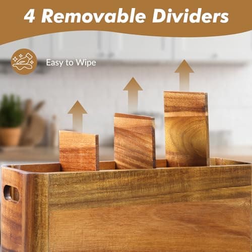 Kitchen Utensil Holder for Counter or Countertop, Extra Large Acacia Wood Organizer with 4 Compartments, Wooden Storage for Cooking and Silverware, Rustic Minimalist Decor, Sturdy Utensil Crock 7