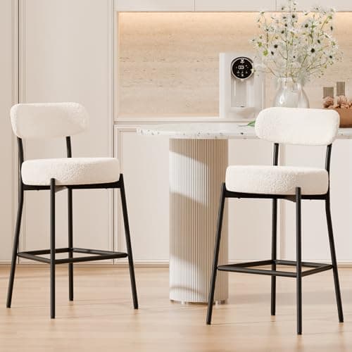 EDWELL Bar Stools Set of 2, Modern Barstools with Back, 27 inch Seat Height Island Stools Comfortable Boucle bar Stool with Metal Legs, for Bar, Kitchen, Dining Room, White