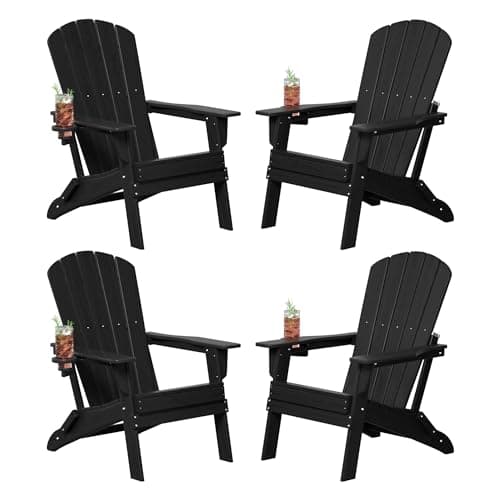 Plawdlik Folding Adirondack Chair Set of 4, Cup Holder，Wooden Textured ，Heavy All-Weather HDPE Comfortable Set Poolside Backyard Lawn Black