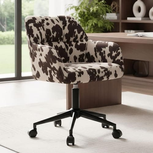 VESCASA Adjustable Home Office Desk Chair with Comfy Back, Linen 360 Swivel Upholstered Task Armchair with Wheels for Teens Bedroom/Living Room, Cowhide Print Chair