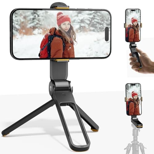 TODI Phone Tripod, Foldable Mini Desk Stand with 360° Phone Holder & Cold Shoe, Pocket Travel Tripod for iPhone, Portable Selfie Stick Handle Grip Compatible with iPhone/Android