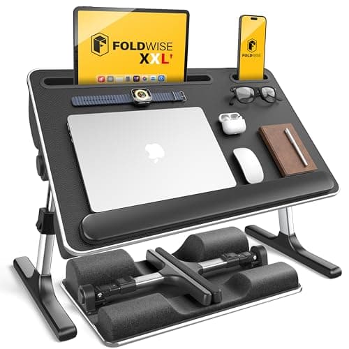 FoldWise 2-in-1 Lap & Bed Desk with Soft Cushions - Adjustable Height & Angle, Foldable Laptop Stand for Bed & Couch - Wrist Rest, iPad Holder, Stopper & Non-Slip Leather - Bed Table for Adults & Kids