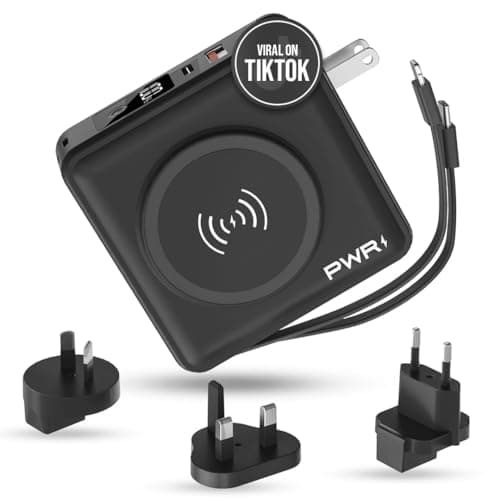 PWRMobile PWR Travel PRO 5-in-1 Power Bank – 10,000mAh with Built-in Cables – 20W USB-C + 15W Wireless Charging – Compact Portable Charger for iPhone & Android- Black