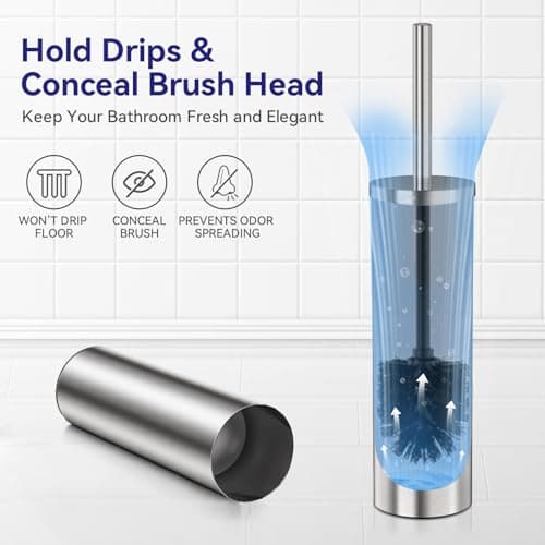 DOWRY Stainless Steel Toilet Bowl Brush and Holder for Bathroom, Deep Cleaning Toilet Brush and Holder Set with Long Handle, Hidden Toilet Bowl Brush with 2 Heads,Modern Decor Nickel Brushed Round 5