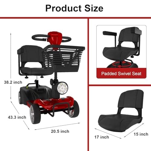 Hubbfq Mobility Scooters for Seniors - Upgraded Powered Mobility Scooters for Adults,Foldable Lightweight Electric Wheelchair,14 Miles Range,5 Mph Range,Seat Swivel,Max Load 265LB,All Terrain(Red) 8
