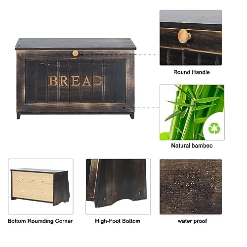 HOMEKOKO Large Wood Bread Box for Kitchen Counter, Retro Design Single Layer Bamboo Large Capacity Food Storage Bin (Vintage Black) 5