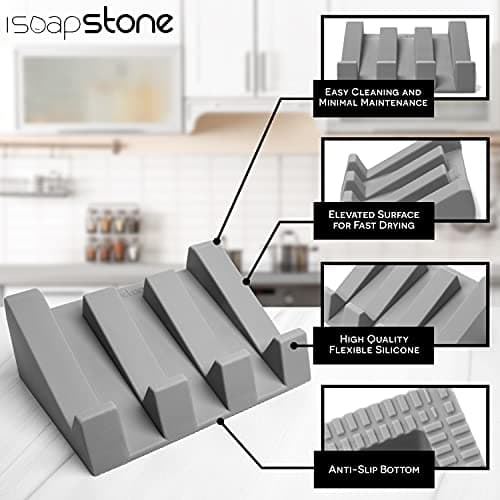 iSoapStone Silicone Soap Dish (USA Patented) Self Draining Bar Soap Holder for Shower Bathroom Sink, Drying Soap Dish Tray Kitchen Sponge Holder Easy Cleaning Soap Saver Mat (Light Grey, 1) 5