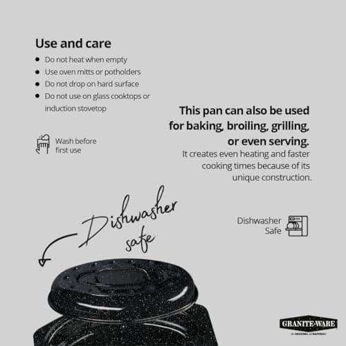 Granite Ware 13-inch oval roaster with Lid. Enameled steel design to accommodate up to 7 lb poultry/roast. Resists up to 932°F. Ideal for preparing meals for two! 7