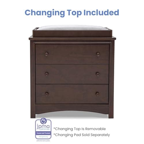 Delta Children Perry 3 Drawer Dresser with Changing Top and Interlocking Drawers, Walnut Espresso 7