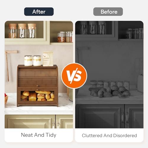 HOOBRO Bread Box, Bamboo Bread Box for Kitchen Countertop, 2 Tier Roll-Top Bread Bin, Food Storage Box, Large Capacity Keeper, Wooden Storage Cabinet, for Kitchen, Dining Room, Brown BR13MB01 7