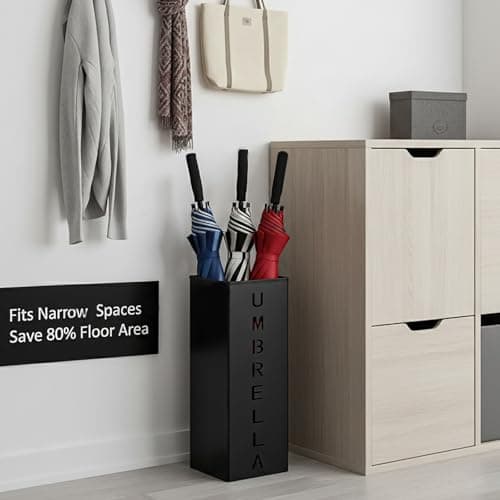 Hiceeden Square Metal Umbrella Holder, Free Standing Umbrella Rack Stand for Indoor Entryway, Umbrella Canes Walking Sticks Storage Bin for Office, Home, Hotel, Shop, 6.3" x 6.3" x 16.5", Black 6