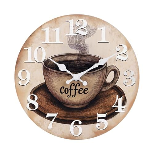 Keepcross Kitchen Wall Clock Coffee Cup Theme Rustic Modern Farmhouse Decor Glass Clock for Kitchen, Coffee Bar, Cafe - 8 Inch, Brown 9