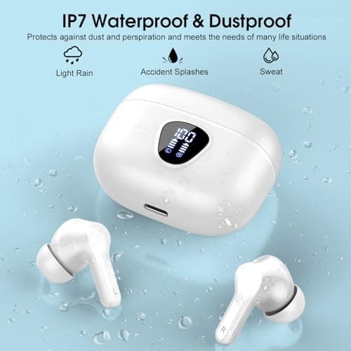 Wireless Earbuds, Bluetooth 5.4 Headphones HiFi Stereo, Bluetooth Earbuds with ENC Noise Cancelling Mic, IP7 Waterproof in Ear Earphones, 48H, LED Display Ear buds for Pad Workout Sports, Deep White 7