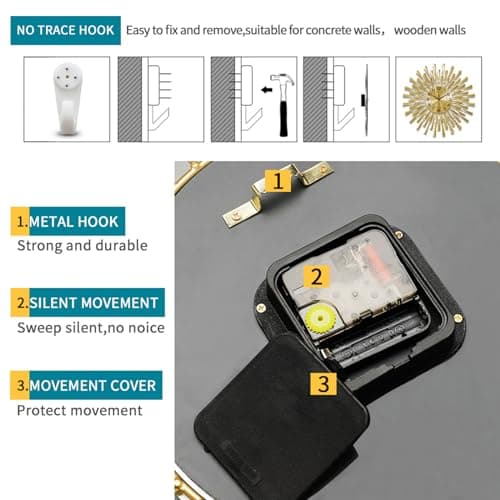 FLEBLE Large Wall Clocks for Living Room Decor Modern Gold Silent Wall Clock Battery Operated Non-Ticking for Bedroom Kitchen Office Home Decorative 24Inch Retro Crystal Clock Wall Decor for House 6