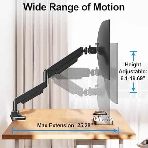 ErgoFocus Single Monitor Desk Mount for Max 49", Premium Arm Hold up to 33lbs Ultrawide Computer Screens, Full Motion Gas Spring Heavy Duty Adjustable VESA 75x75/100x100mm 6
