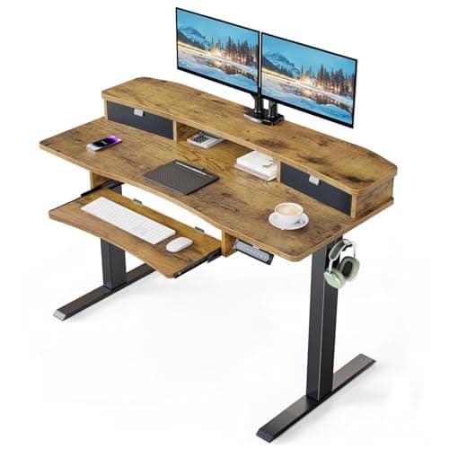 HUANUO 48" x 26" Electric Standing Desk with 2 Drawers & 26.7" Large Keyboard Tray, C-Clamp Mount Compatible, Adjustable Computer Desk for Home Office, Stand Up Desk with 4 Height Presets, Vintage