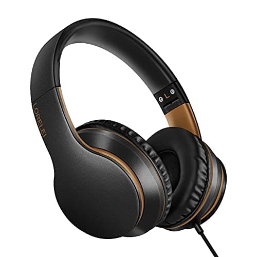 LORELEI X6 Over-Ear Headphones With Microphone, Lightweight Foldable & Portable Stereo Bass With 1.45M No-Tangle Wired for Smartphone Tablet MP3/4 (Black-Gold)