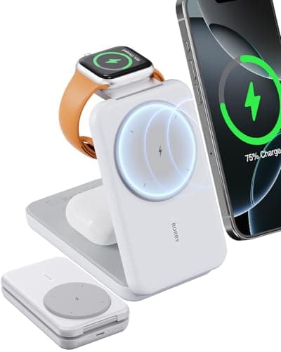 RORRY Portable Charger, 3-in-1 Charging Station 10000mAh Portable Charger Power Bank for MagSafe Foldable Battery Pack Travel for iPhone 17/16/15/14/13/12, for Apple Watch 11/10/9/8/7/Ultra/3/2, White