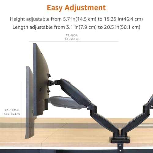 Amazon Basics Gas Spring Dual Computer Monitor Arm Desk Mount, Adjustable, Holds up to 27" Monitors, Black 5