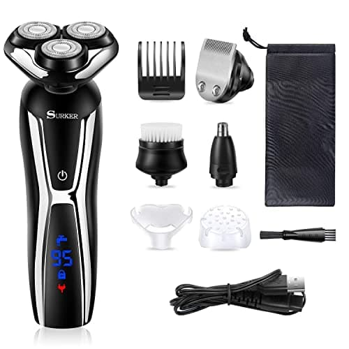 SURKER Electric Shaver Razor Cordless Beard Trimmer for Men Nose Hair Trimmer 3 in 1 Grooming Kit Plus 1 Facial Cleansing Brush Waterproof USB Rechargeable Dry Wet 6