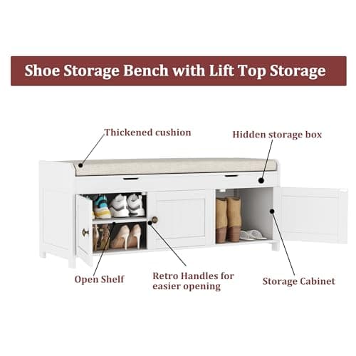 HOMEFORT 41.3" Shoe Bench with Lift Top Storage, Entryway Bench with Cushioned Seat, Wooden End of Bed Bench, Shoe Cabinet Bench with Hidden Storage Space, for Bedroom, Hallway,White 6