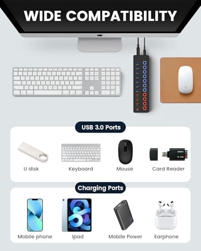 Powered USB hub,USB hub，11-Port hub Splitter (7 USB 3.0 Data Transfer Ports + 4 Smart Charging Port), Independent Switch (with LED Working Indicator) USB 3.0 Hub Powered with Power Adapter for Mac/PC 6