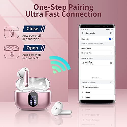 Wireless Earbuds Bluetooth 5.3 Headphones Bass Stereo Ear Buds with Noise Cancelling Mic LED Display in Ear Earphones IP7 Waterproof 36H Playtime for Laptop Pad Phones Sports Workout Pink Gold 5