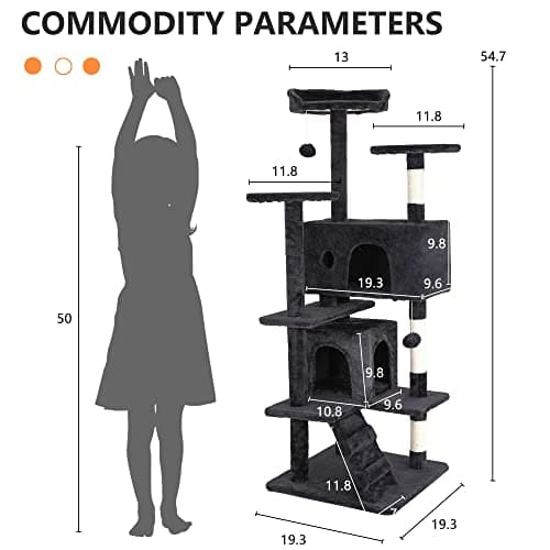 BestPet | 54" Cat Tree Tower | Dark Gray | Sturdy, Easy to Assemble, Multi-Level Activity Center with Sisal Scratching Posts, Condos, Perches, Hanging Cat Toys, Observation Decks & Ladder 7