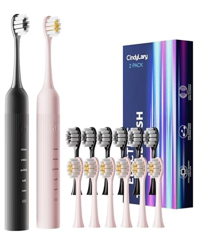 CindyLary 2 Pack Electric Toothbrush Set, Comes with 12 Brush Heads & 2 Electric Toothbrush,5 Modes with 2 Minutes Built in Smart Timer, One Charge for 60 Days, 38000 VPM Motor,Black and Pink.