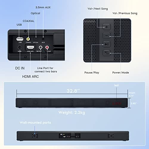 GEOYEAO Sound Bar, Bass Speakers for Smart TV with Dual Subwoofer 3D Surround Sound System, 32 Inch 2.2CH Home Theater Audio Soundbar, HDMI ARC Connection, 2 in 1 Detachable & Wall Mountable 9