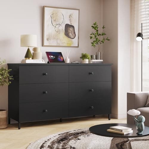 Hasuit 6 Drawers Double Dresser, Wooden Dressers with Heavy Sturdy Steel Frame, Large Capacity Storage Chest of Drawers, Black Dresser for Bedroom, Living Room, Entryway 8