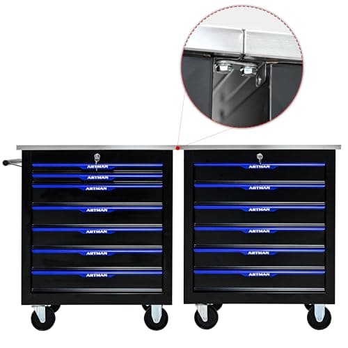 RYH 4/5/6/7 Drawers Rolling Tool Chest -Heavy Duty Mobile Metal Tool Box with Locking Wheels, with Stainless Steel Worktop, Garage Tool Storage Cabinet (Black-Blue, 7-Drawers 30.7" H×25.9" W) 7